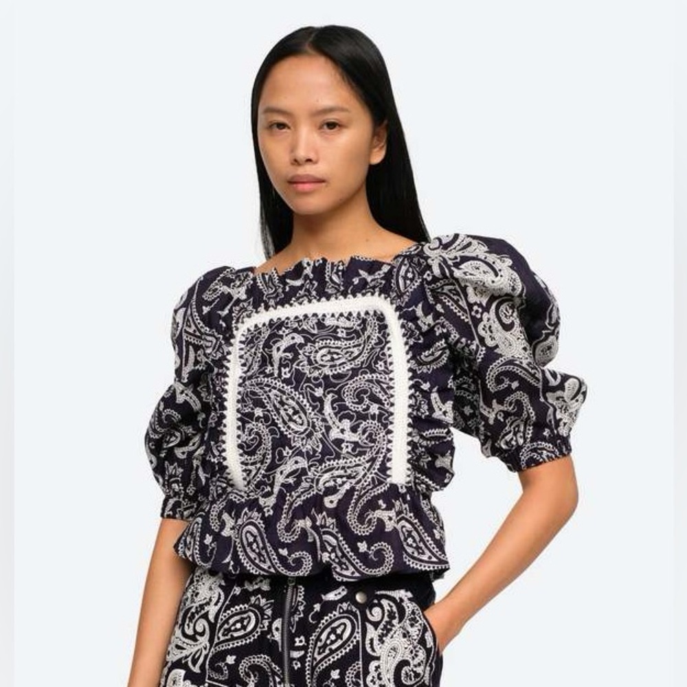 NWT Sea New York Theodora Paisley Print Puff Top Navy Size S